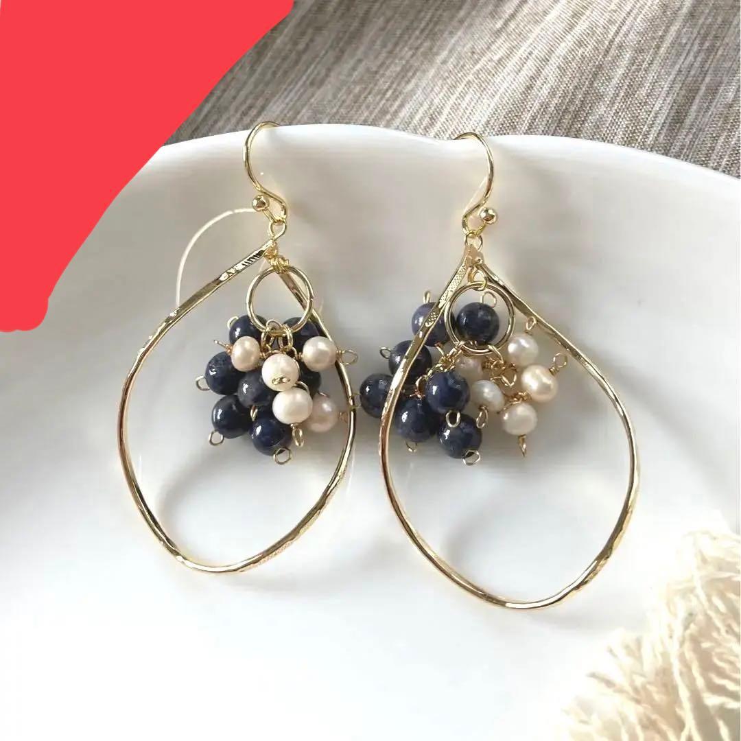 サファイアとパールのアンティーク風大ぶりピアス ピアス K10イエローゴールド サファイア キュービックジルコニア