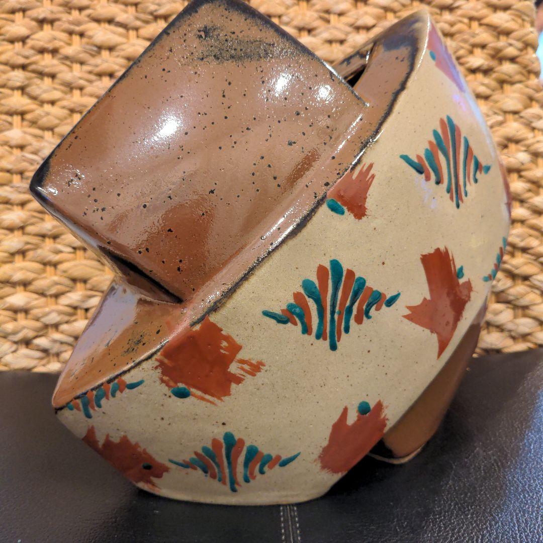 益子焼　濱田友緒 柿釉赤絵交叉扁壺