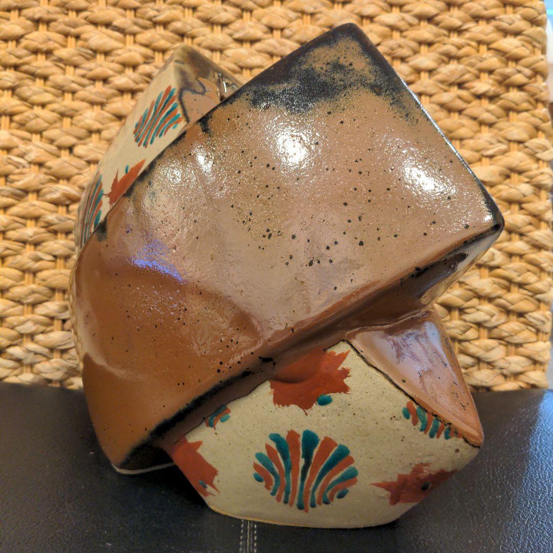 益子焼　濱田友緒 柿釉赤絵交叉扁壺