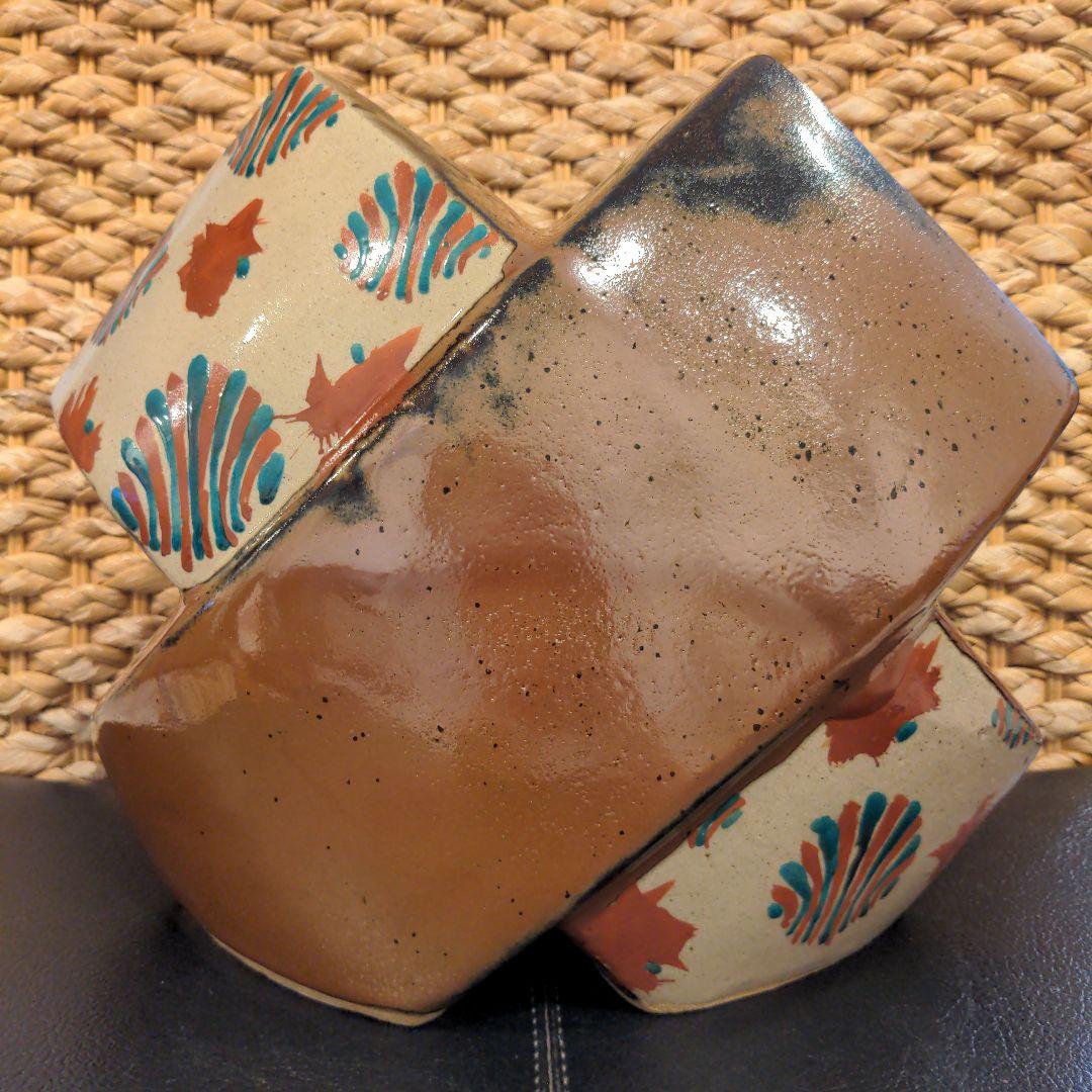 益子焼　濱田友緒 柿釉赤絵交叉扁壺