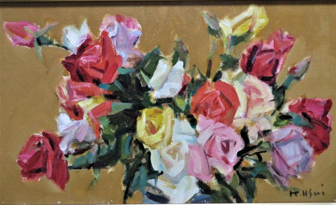 コーヒータイム　臼井圭助　「　ばら　」油彩　M6号　創元会 真作保証