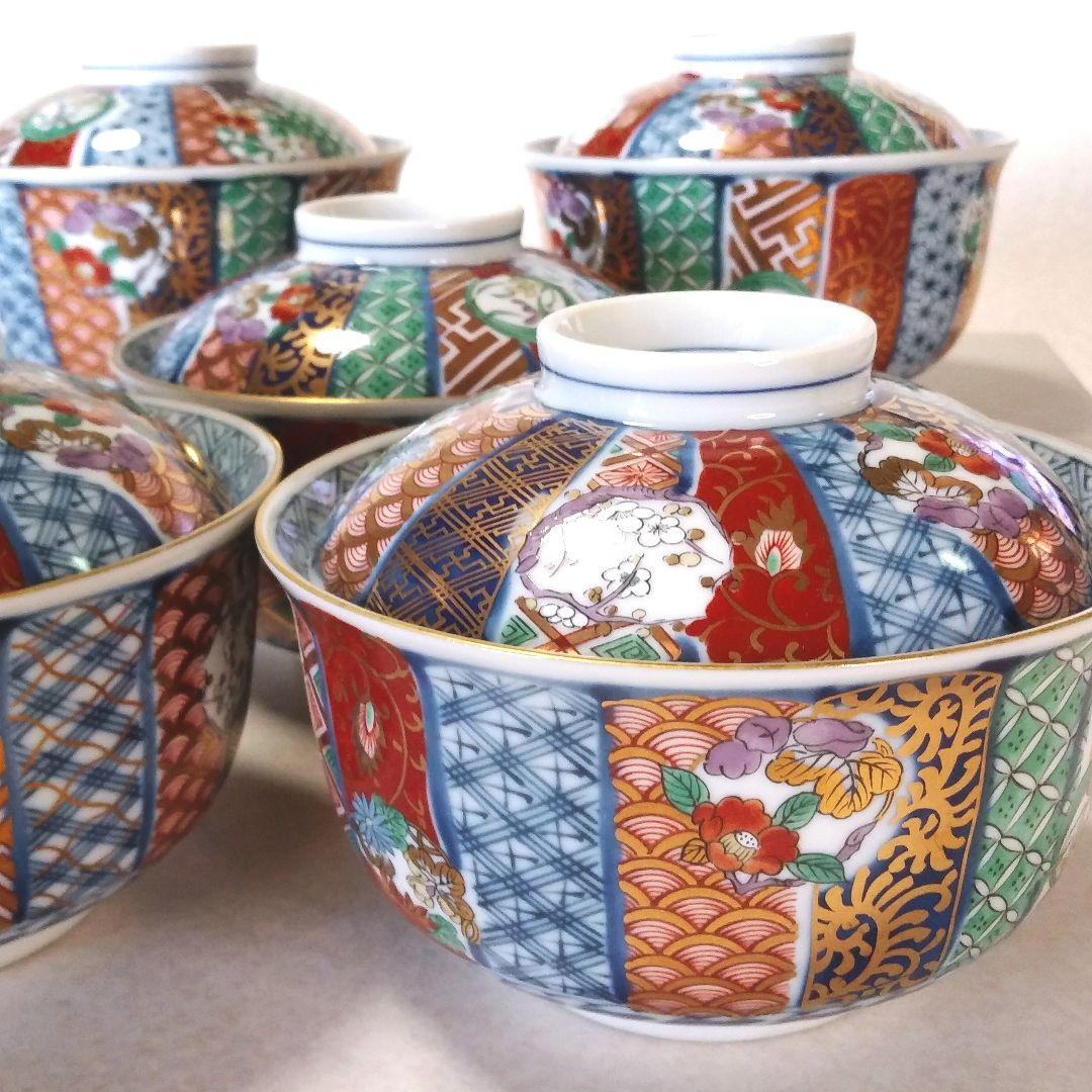 希少◇美濃焼 龍峰窯 金彩 祥瑞花丸紋 蓋付き どんぶり 5客 丼鉢 古