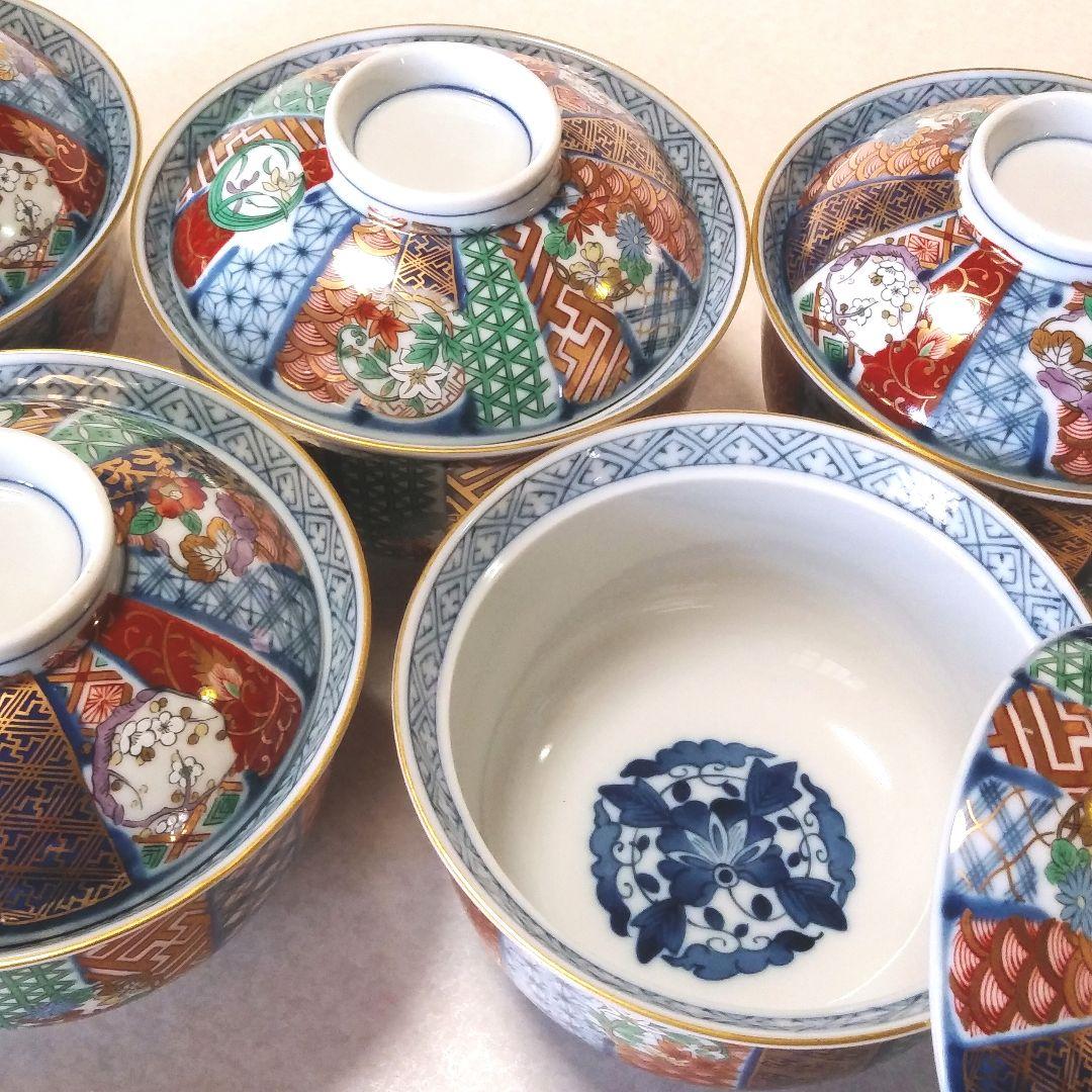 希少◇美濃焼 龍峰窯 金彩 祥瑞花丸紋 蓋付き どんぶり 5客 丼鉢 古