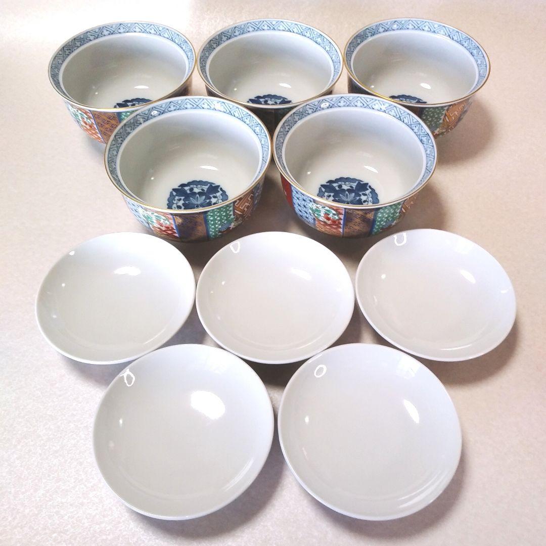 希少◇美濃焼 龍峰窯 金彩 祥瑞花丸紋 蓋付き どんぶり 5客 丼鉢 古