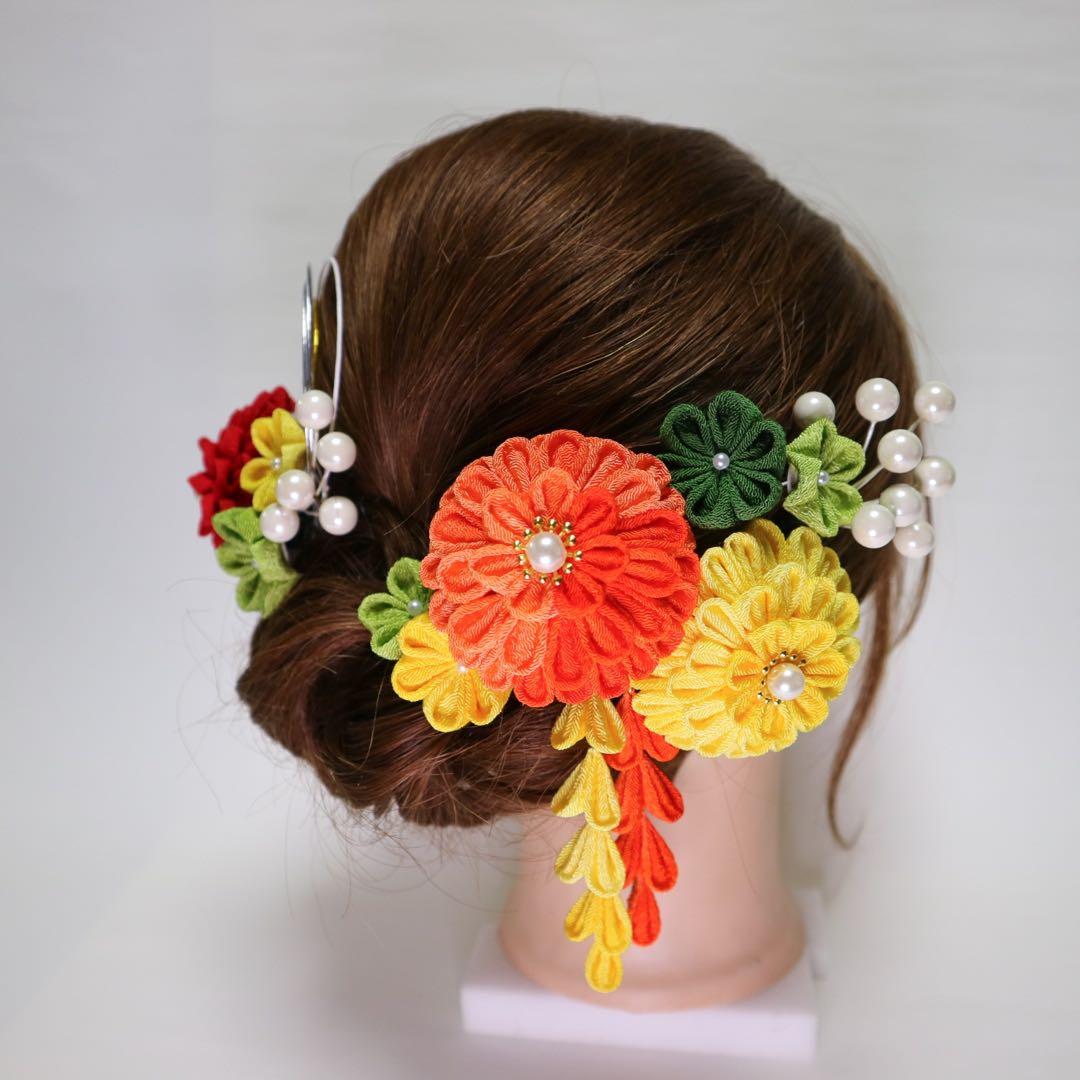 【ちりめんダリアの髪飾り】つまみ細工のヘアアクセサリー　成人式　卒業式　七五三