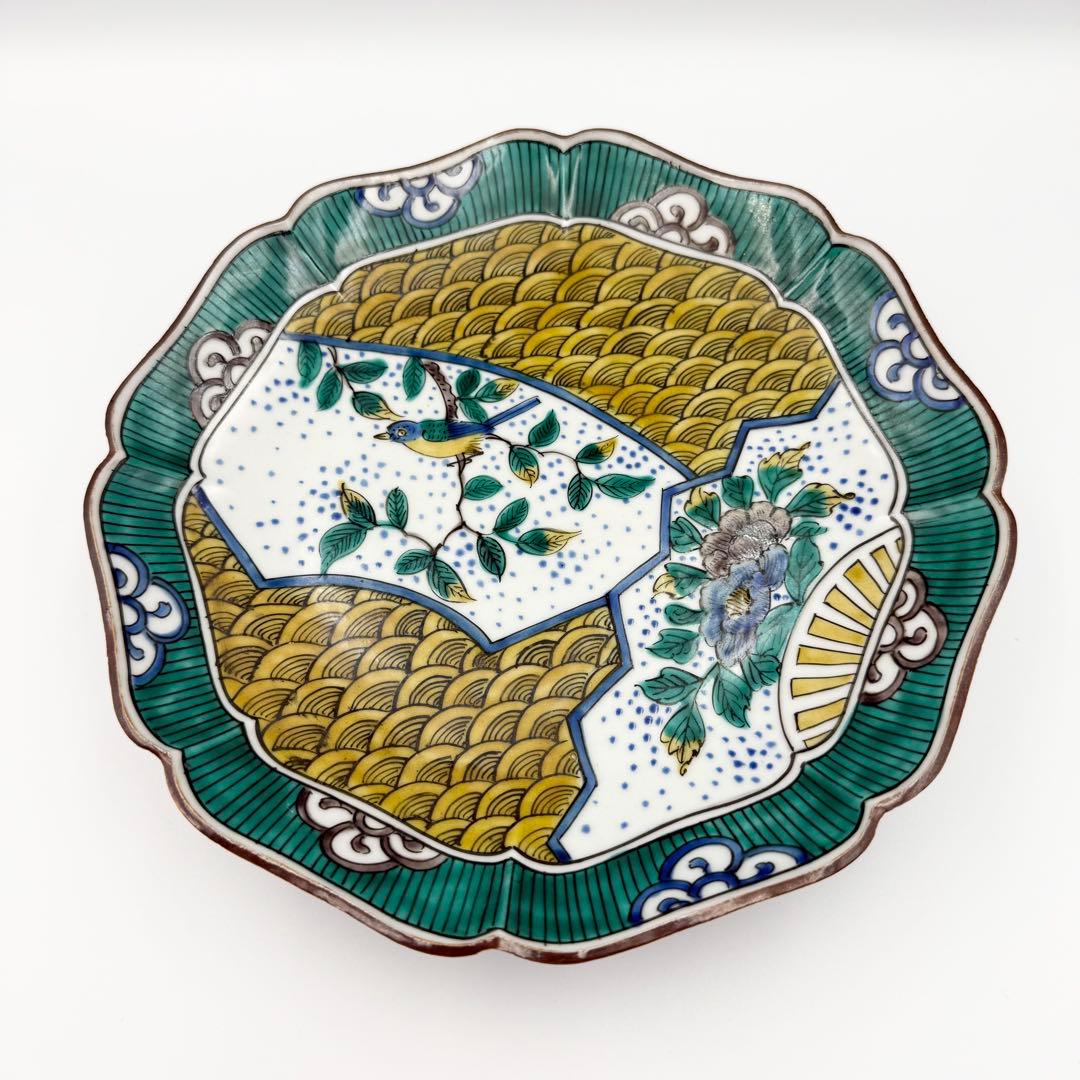 未使用品 木箱付き 九谷焼 陶源製 高台 丸鉢 輪花 花鳥 色絵 皿 食器