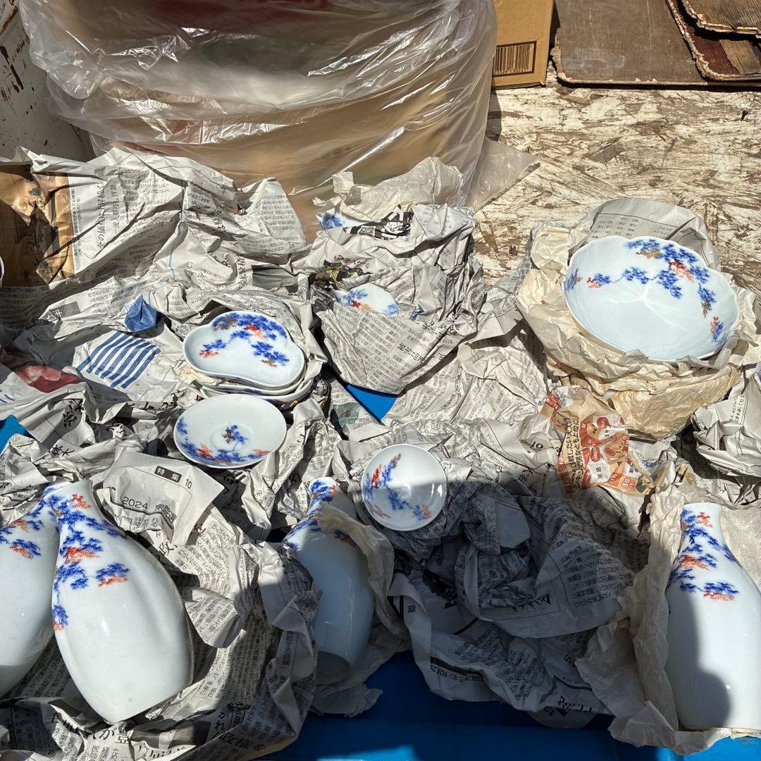 オールド深川青磁もみじ紅葉　皇室御用達　平皿小皿カップセット計54 富士流水裏印