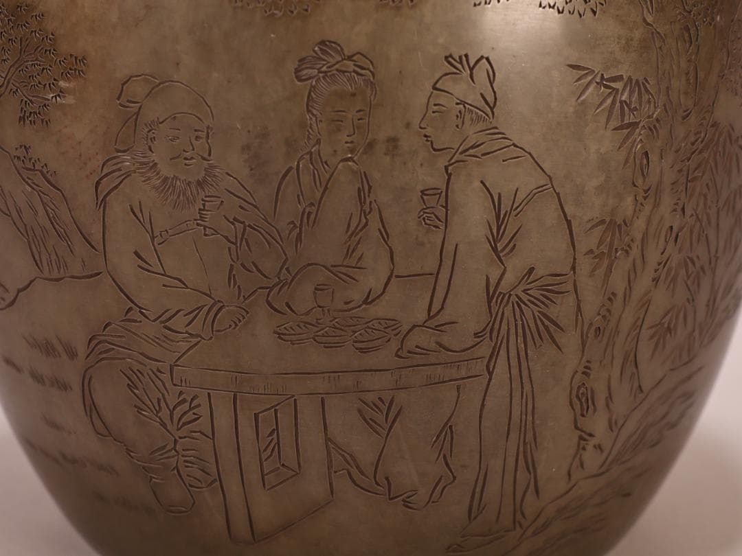 BK401　茶葉罐 蔵六居造 錫刻人物詩文図巨大茶心壺 茶筒 茶入 茶壷 茶道具