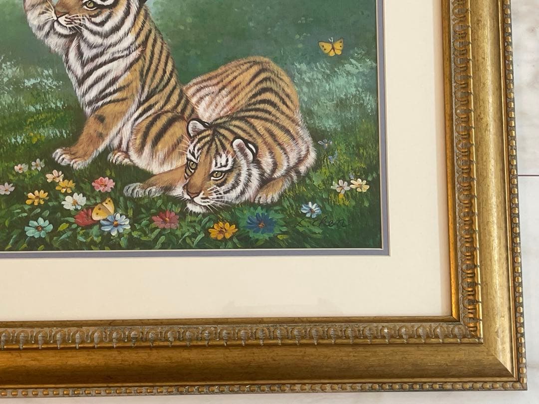 【開運絵画】「水辺の虎と蝶」の油彩画　超絶技巧　L.Chen