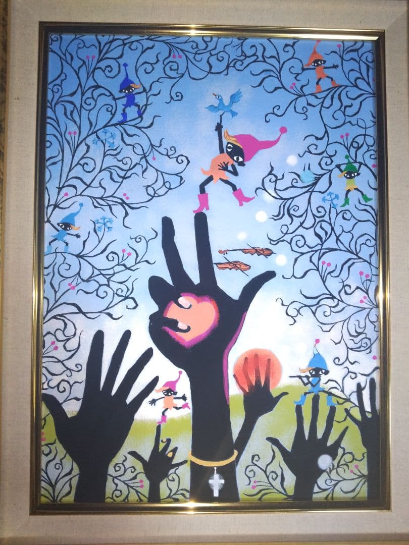 藤城清治、絵画、油彩4号こびとくんこの指とまれ新品額縁、肉筆、山下清。