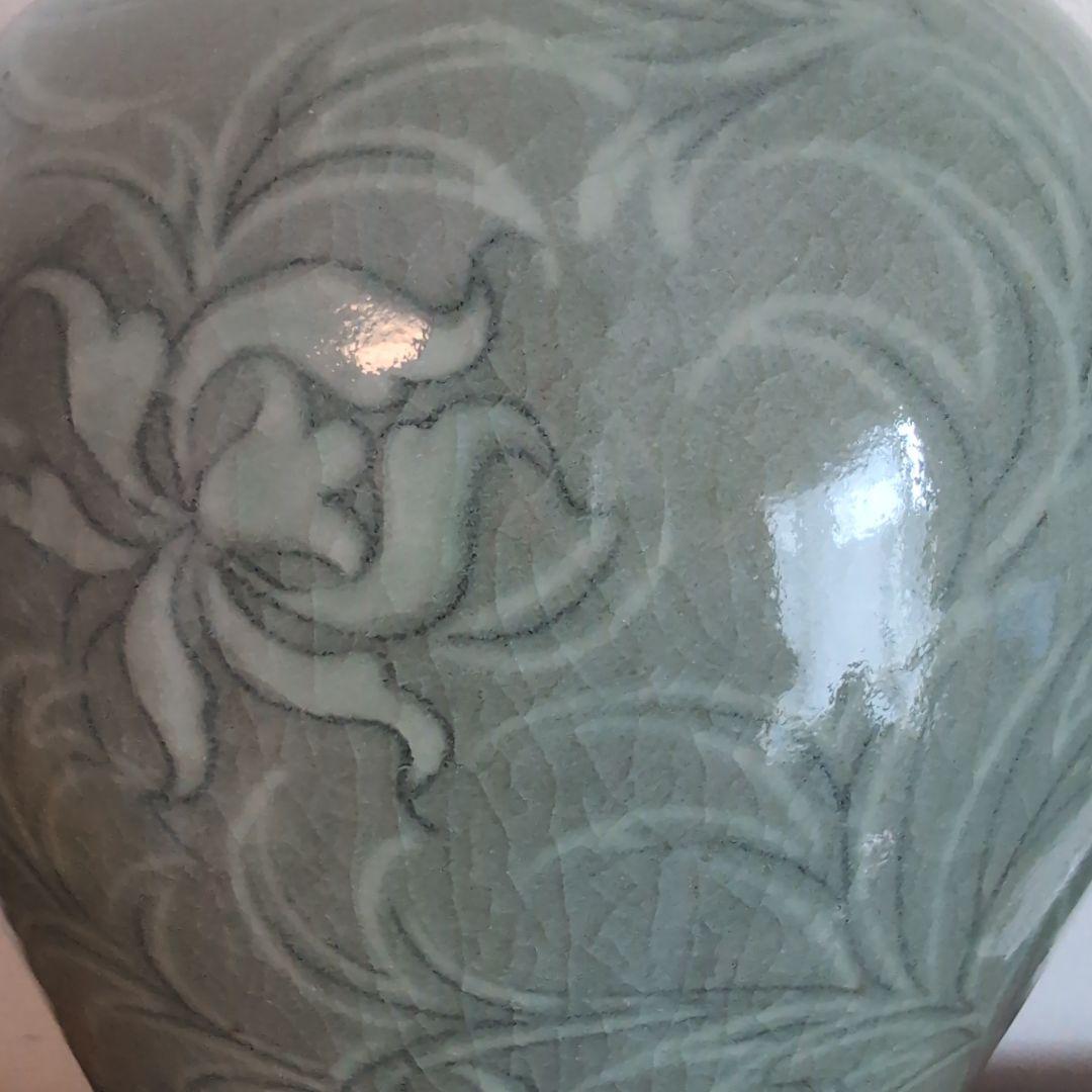 高麗青磁　白黒象嵌　朝鮮美術　梅瓶　骨董　陶芸　陶磁器　33.5cm高程