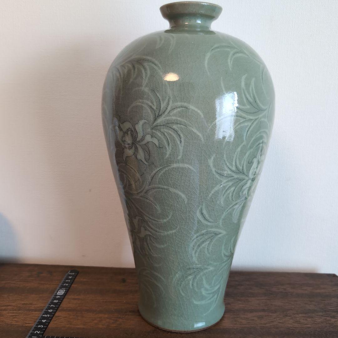 高麗青磁　白黒象嵌　朝鮮美術　梅瓶　骨董　陶芸　陶磁器　33.5cm高程