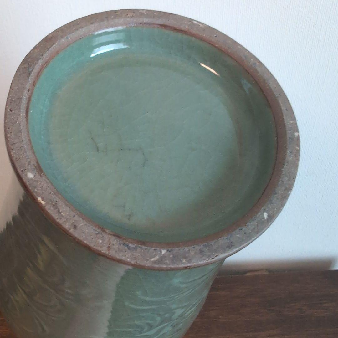 高麗青磁　白黒象嵌　朝鮮美術　梅瓶　骨董　陶芸　陶磁器　33.5cm高程