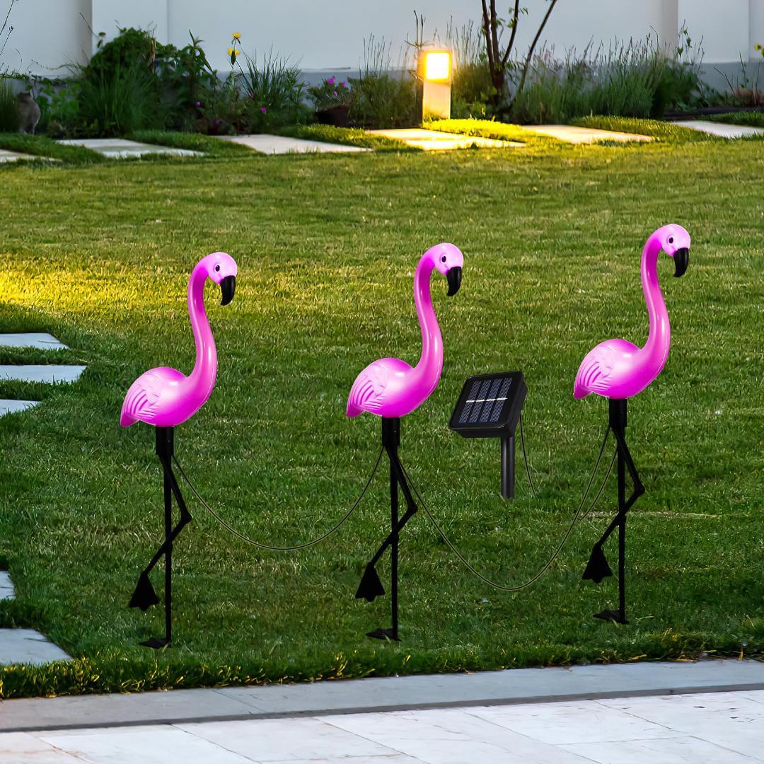 三つセット ソーラー IP65防水 LED 取付簡単 フラミンゴガーデンライト