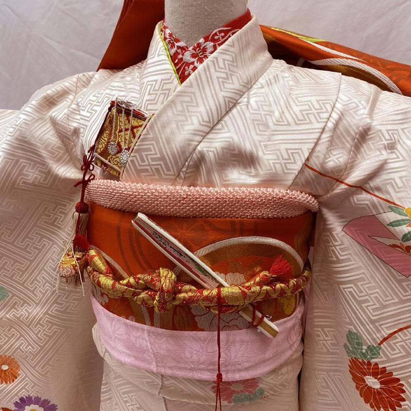 506ag60.小物◎七五三 七歳 女児 着物&袋帯 金彩 菊菖蒲扇 桜色 柿色