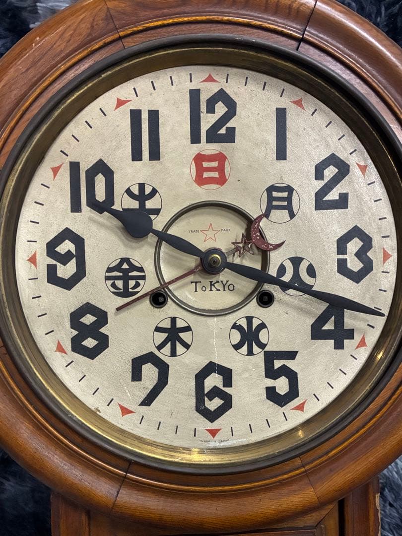 赤星時計 カレンダー機能付き 総欅造り 頭丸ゼンマイ 振り子時計 アンティーク