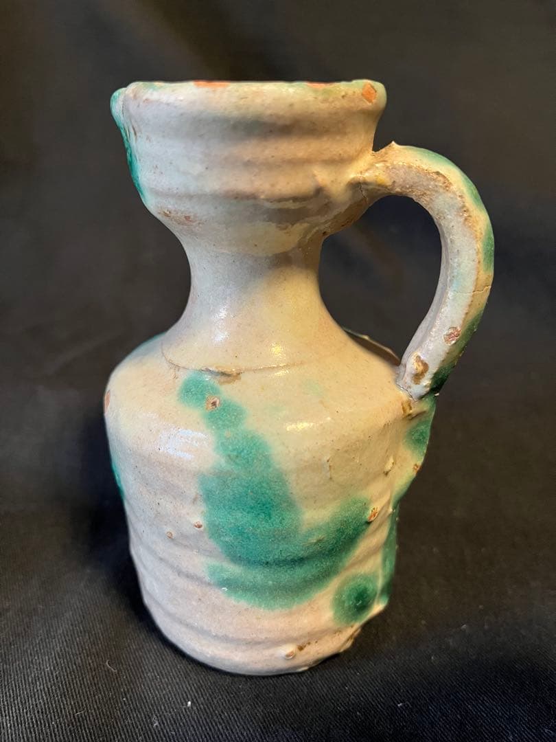 レア！スペイン、グラナダ焼のビネガー入れ。アラブの影響の緑釉がいい 19C推定。