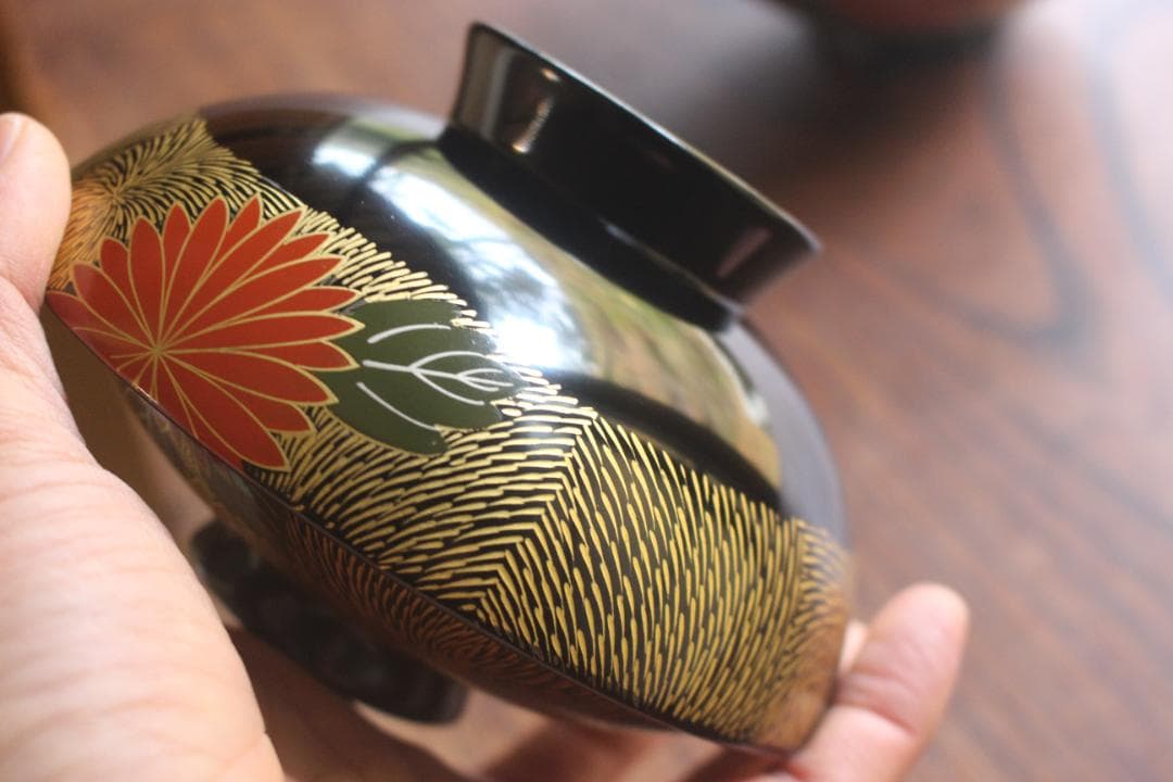 専用！上質黒漆に極上菊詰沈金蒔絵のお椀3点（検輪島塗