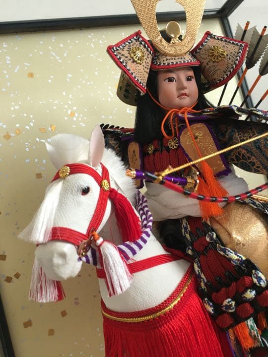 美品！ガラスケース入五月人形［馬上大将］節句白馬弓矢百貨店購入