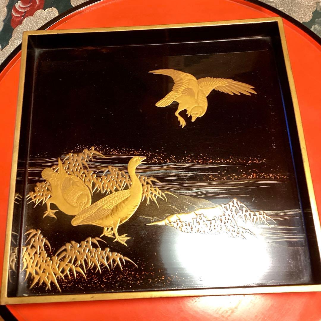 A1020木製輪島塗 水辺に雁 金蒔絵盆 金縁 蒔絵 菓子盆 香盆