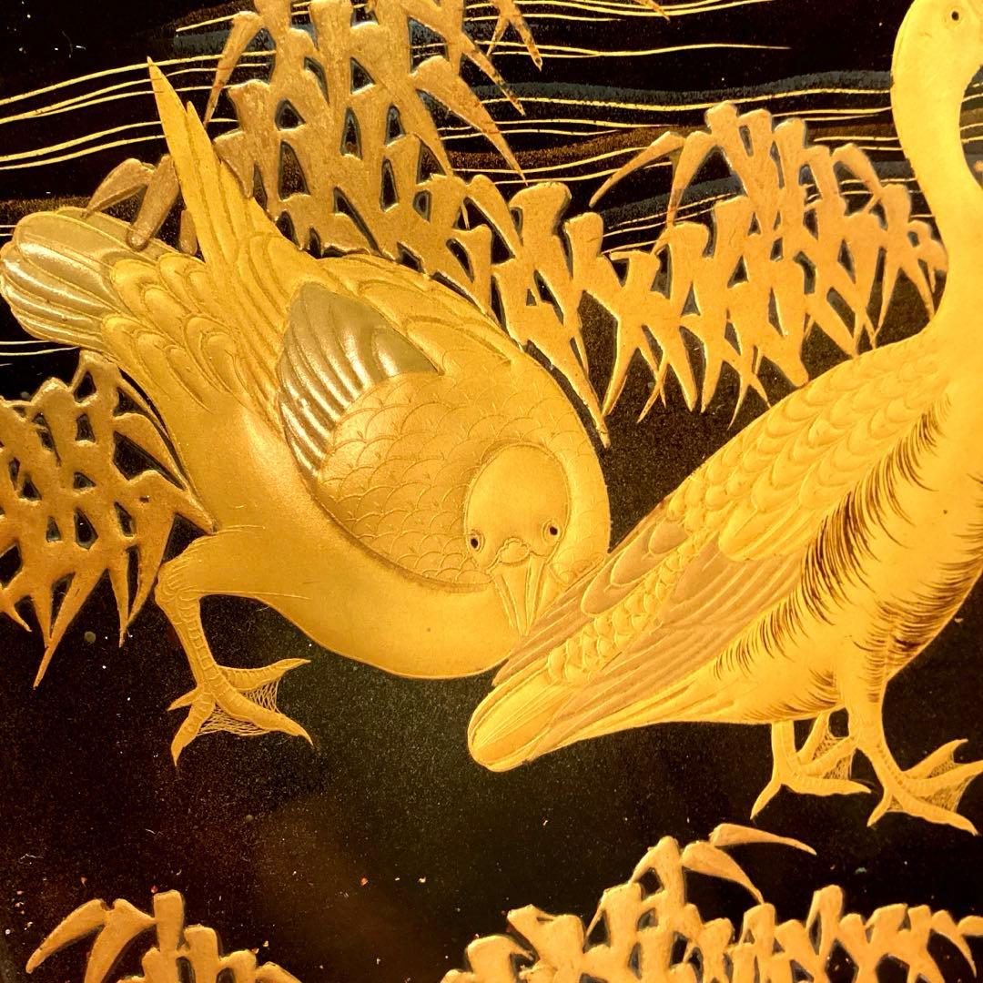 A1020木製輪島塗 水辺に雁 金蒔絵盆 金縁 蒔絵 菓子盆 香盆