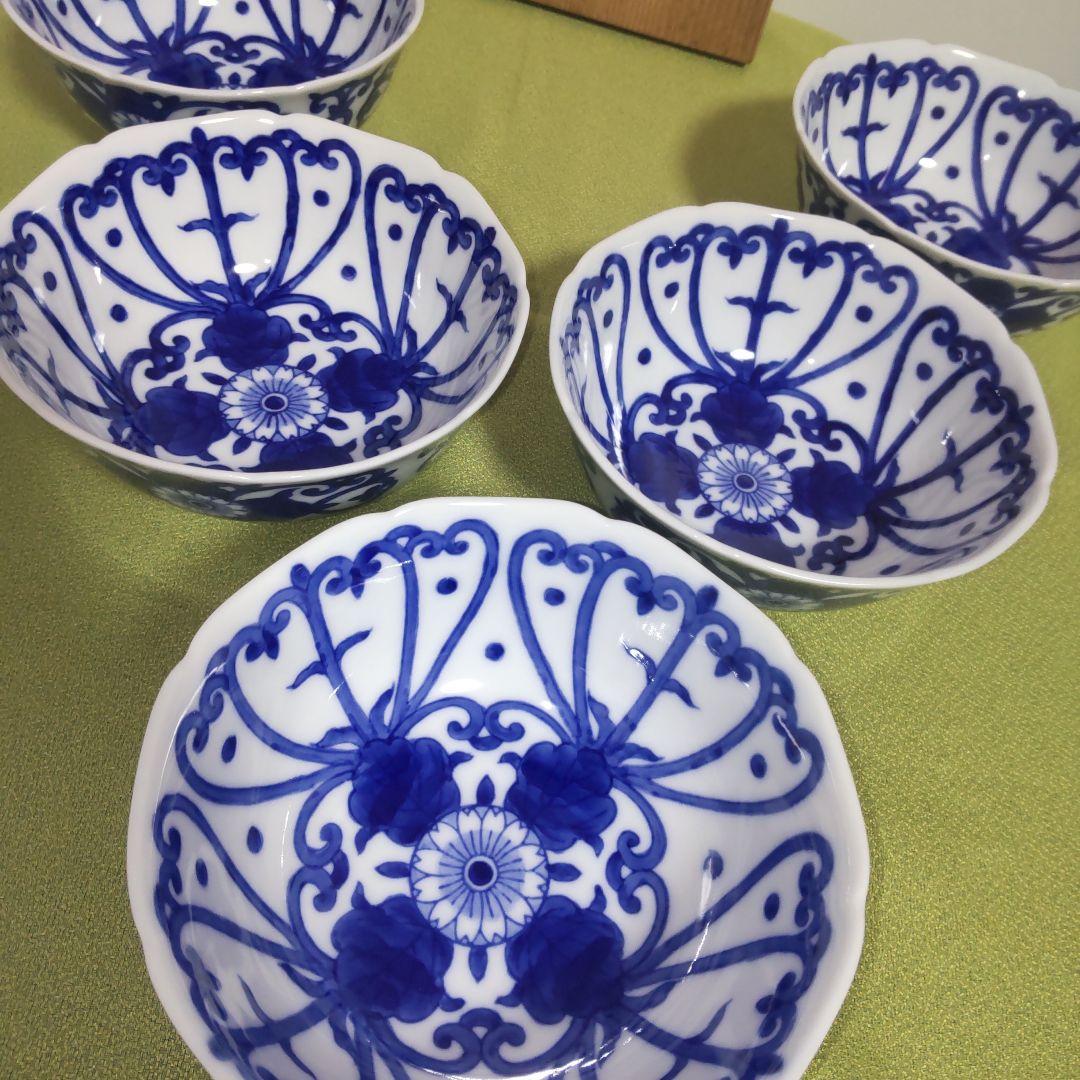 最高級 深川製磁 染付 菊唐草 小丼 どんぶり 鉢 5枚 箱付