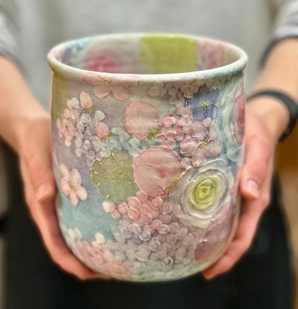 再値下げ　工房ゆずりは　彩ばら花紋　ワインクーラー　アイスペール　花器　鉢カバー