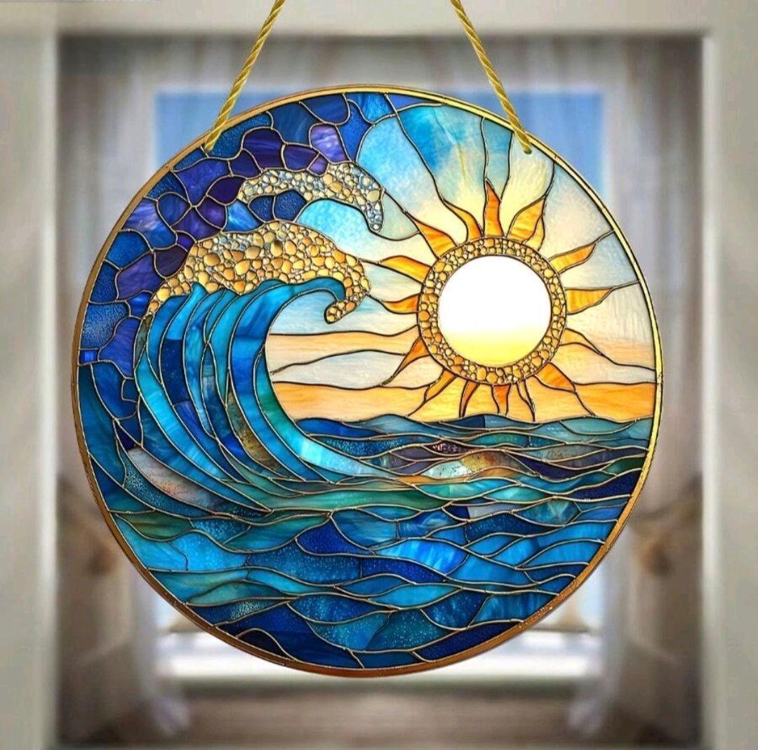 新品】波と太陽デザイン 2Dステンドグラス風サンキャッチャー 直径20cm