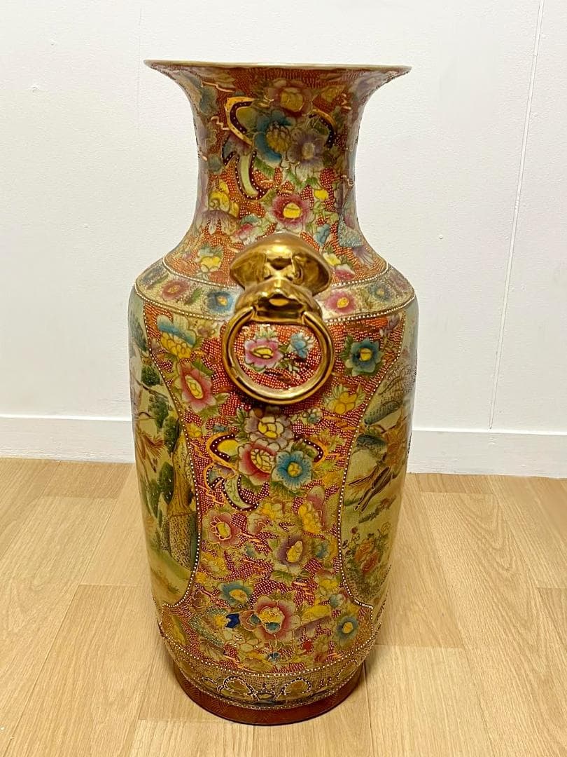 薩摩焼 大花瓶 鶴舞武士戦図 金彩耳双 - メルカリ