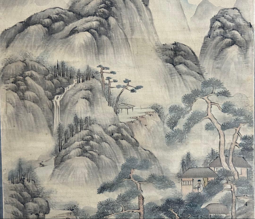 釧雲泉浅絳山水 亀田鵬斎題詩 絹本肉筆 鑑定入 箱付 掛軸 送料込み