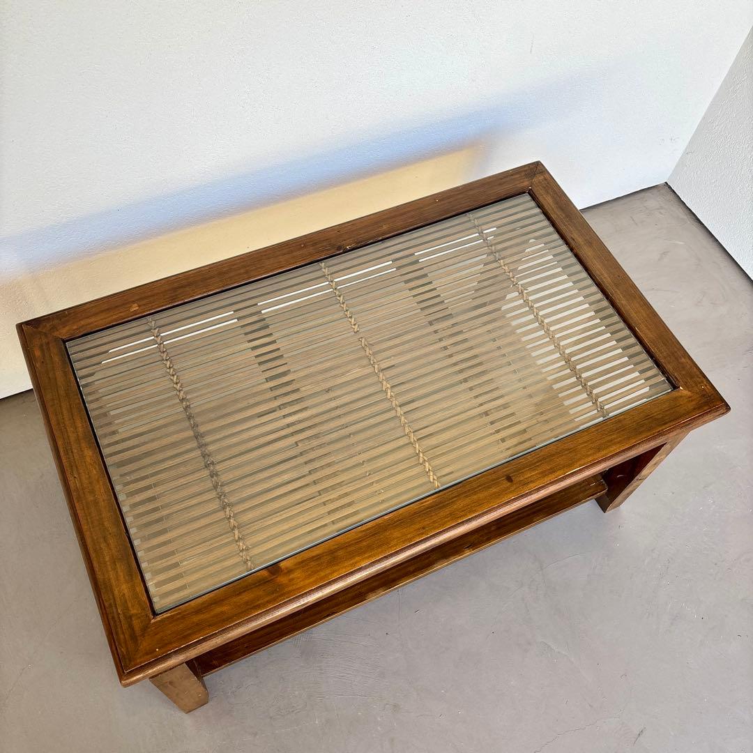 ガラス バンブー 籐 ラタン アジアン 昭和レトロ テーブル ロー