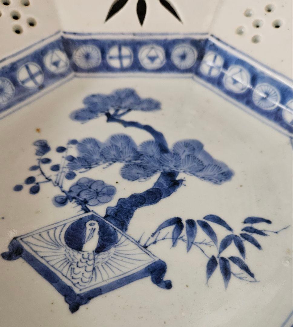 名品❗】 江戸後期　古伊万里 染付 透造　笹に六曜紋　松竹梅　25.3cm八角鉢