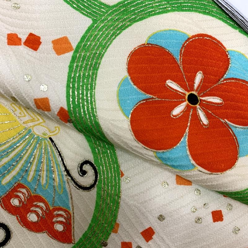 505ag51□七五三 七歳 女児 着物&袋帯 金彩 丸に蝶 白□美品