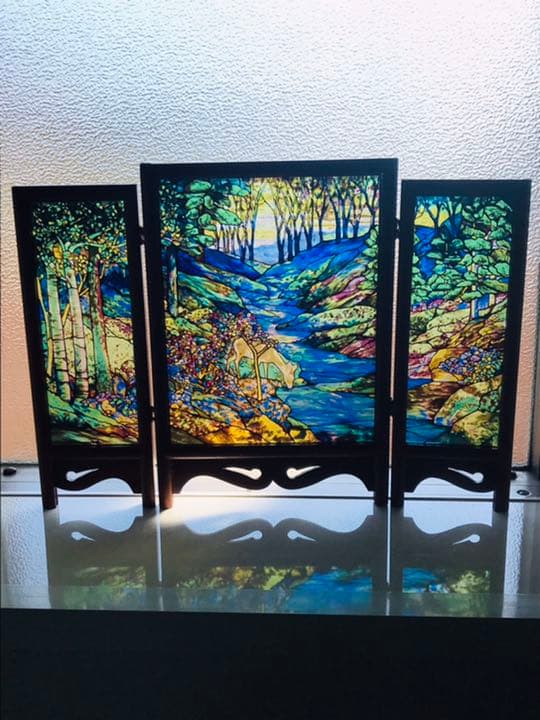 【超希少】グラスマスターズ社　森の中の小鹿三連画ステンドグラス　ティファニー