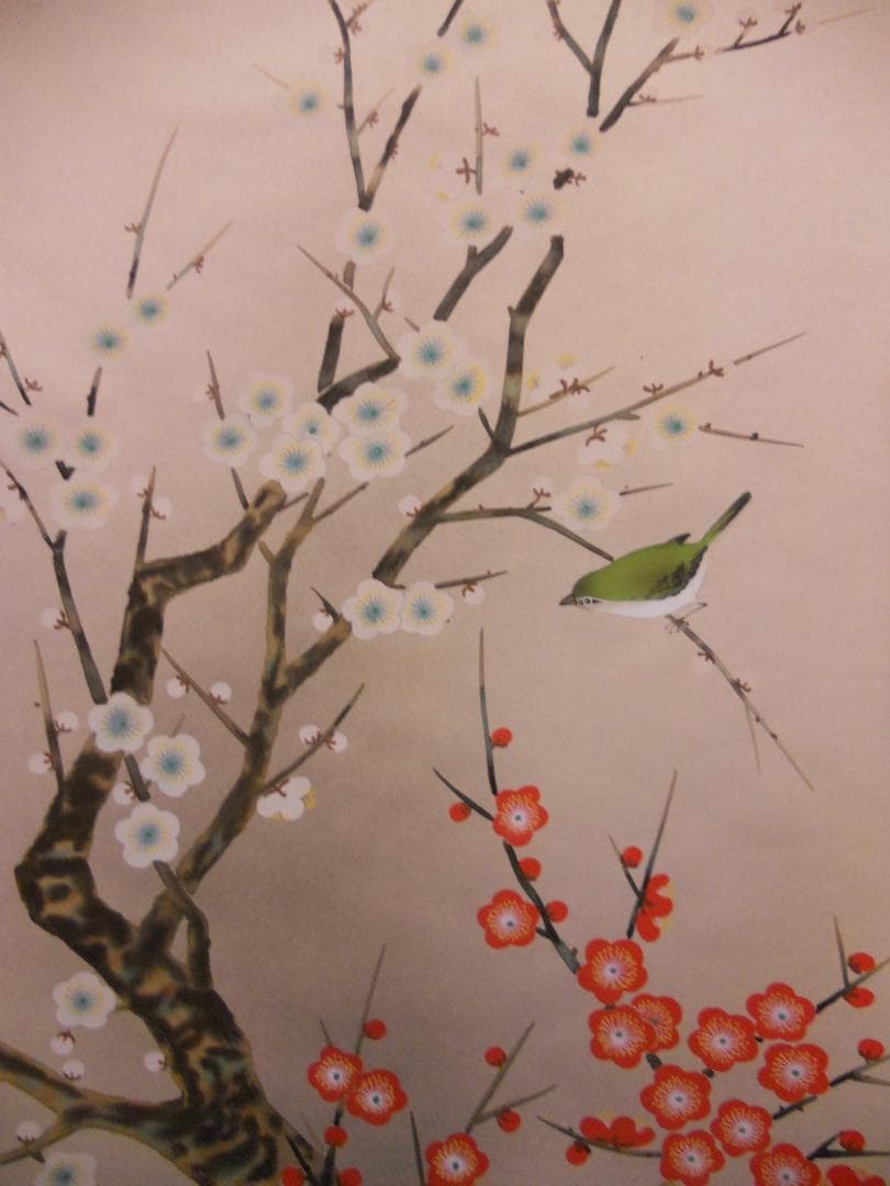 掛け軸 平松耕一 紅白梅に鶯 絹本 希少 軸装 茶道具 掛軸 美品 です