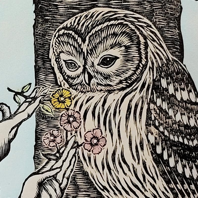 ☆手島圭三郎☆「ふくろうと少女、花」木版画 全紙サイズ 未使用額