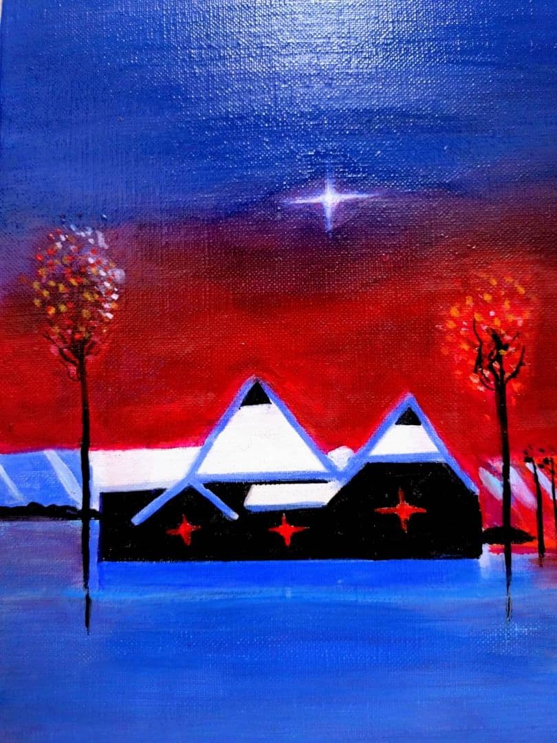 F6号】斎藤真一【紅い陽の村】肉筆保証/表裏サイン有り/油彩/油絵/額縁/