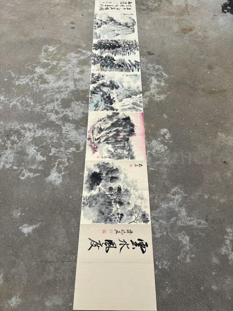 中国古美術 傅抱石作款 水墨画 長巻 自然風景 手描き 冊頁 7開1 文房置物