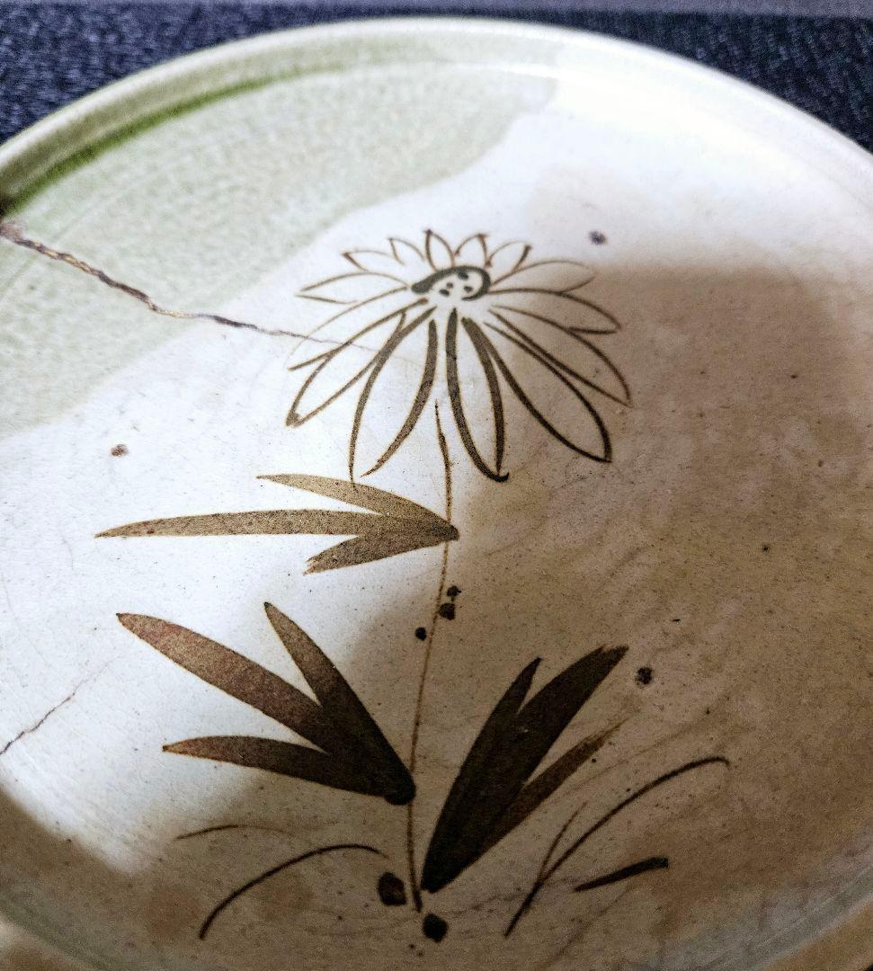 江戸末期～明治時代 瀬戸古瀬戸 鉄絵 菊図 緑釉掛 径20.2cm 行灯皿 石