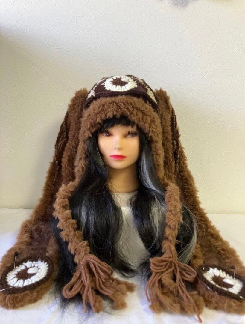 うさ耳ニット帽　ボンネット　原宿系　 サイケデリックy2k サブカル　古着　☺︎