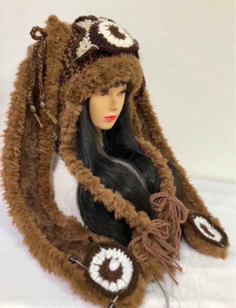 うさ耳ニット帽　ボンネット　原宿系　 サイケデリックy2k サブカル　古着　☺︎