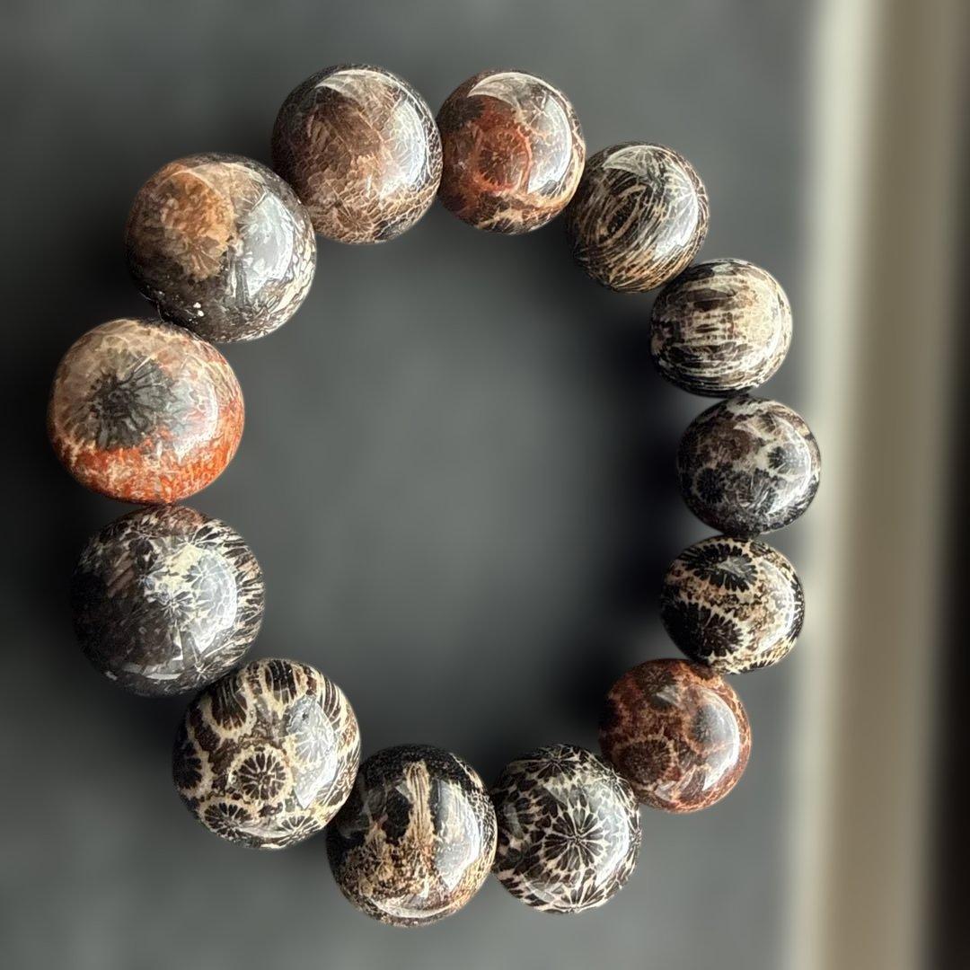 天然黒珊瑚ブレスレット ブラックフォッシルコーラル 珊瑚化石