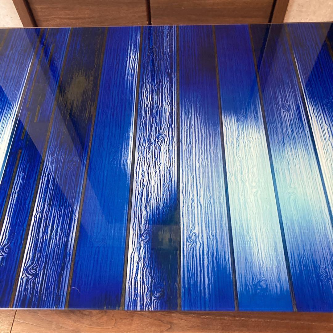 貴重✨️天板強化ガラス 青い木目調 黒い金属製フレーム モダン コーヒーテーブル