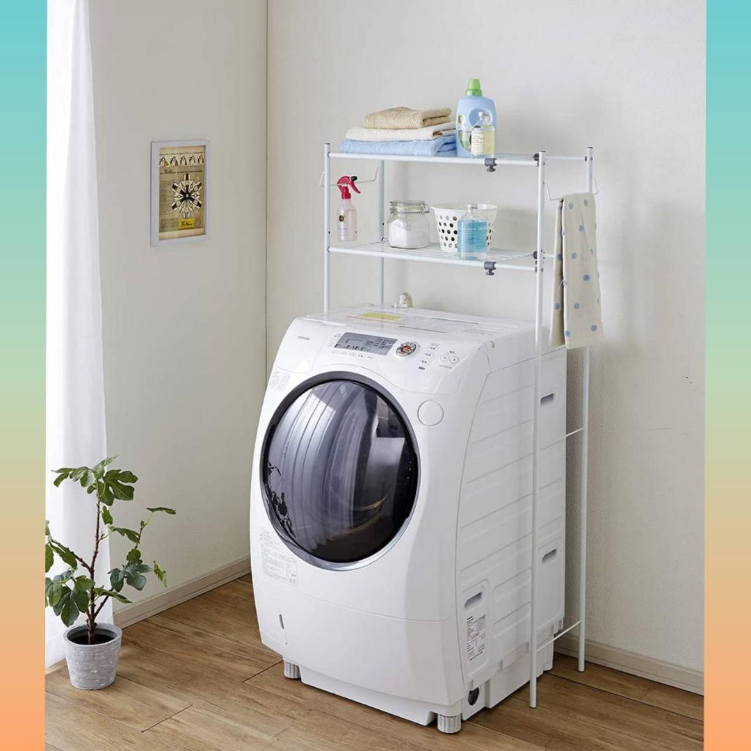 ☆ランドリーラック 棚2段 丸パイプ タオル掛け付き　ホワイト