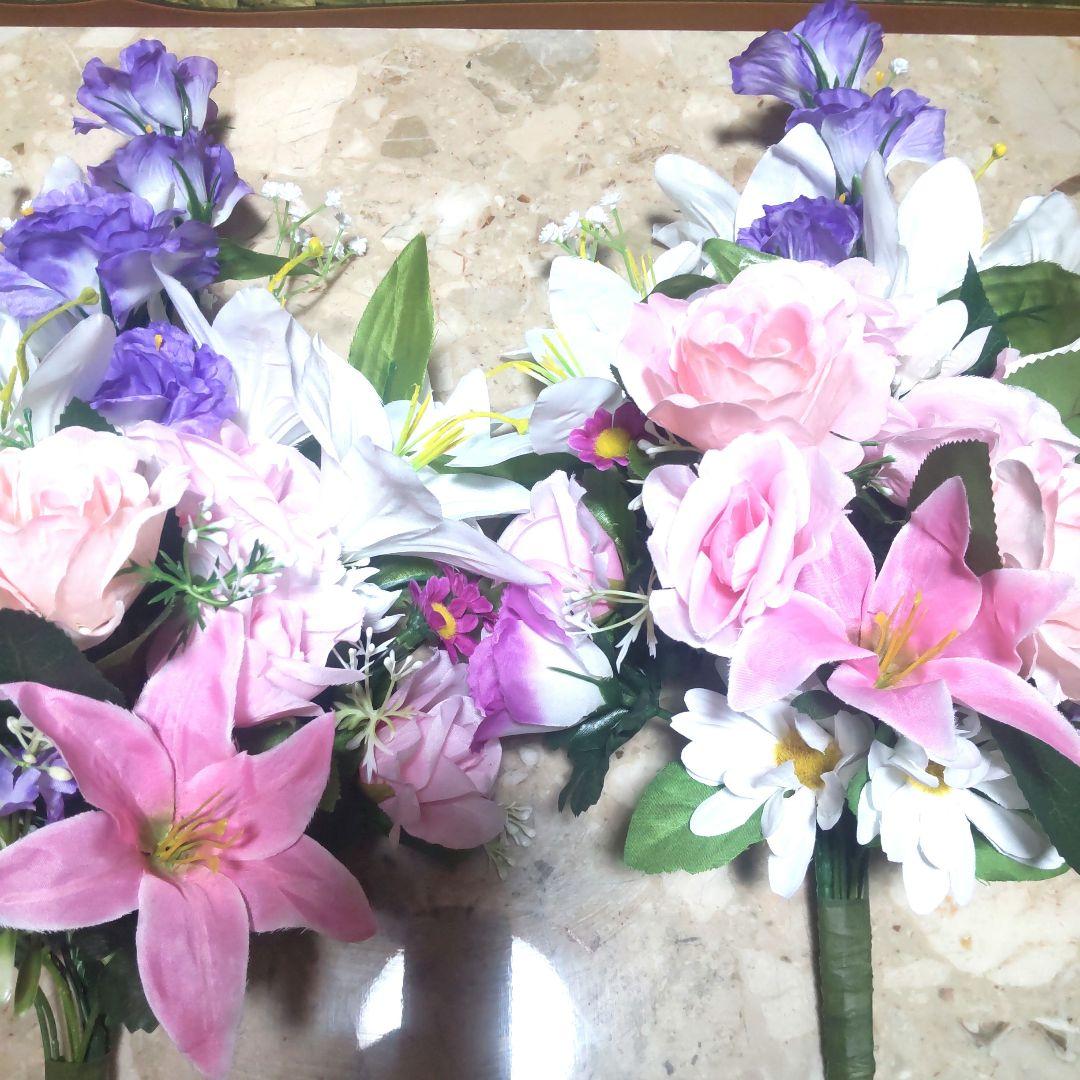 ピンク・ホワイトの造花花束２本組お供えギフトお墓参り仏花ラッピング無料