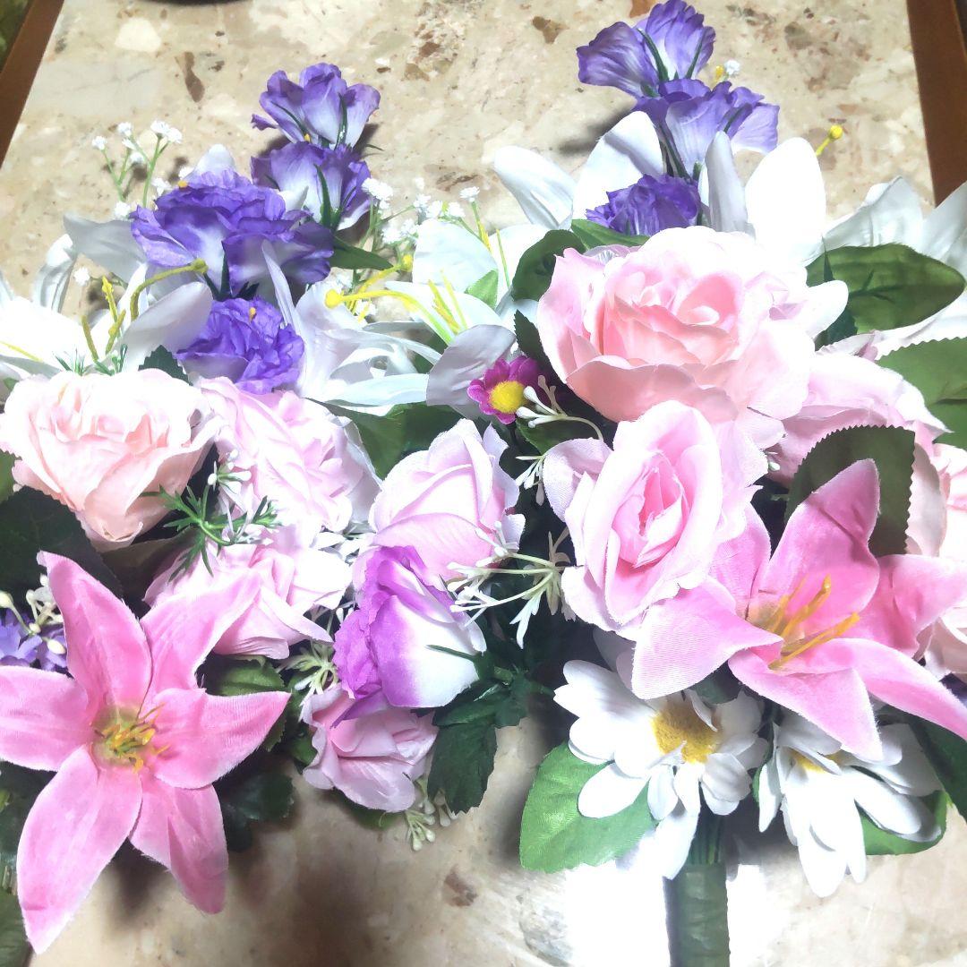 ピンク・ホワイトの造花花束２本組お供えギフトお墓参り仏花ラッピング無料