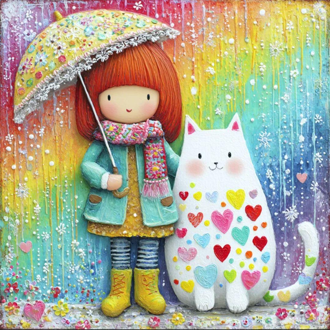 ねこと女の子パネル生地　ハンドメイド