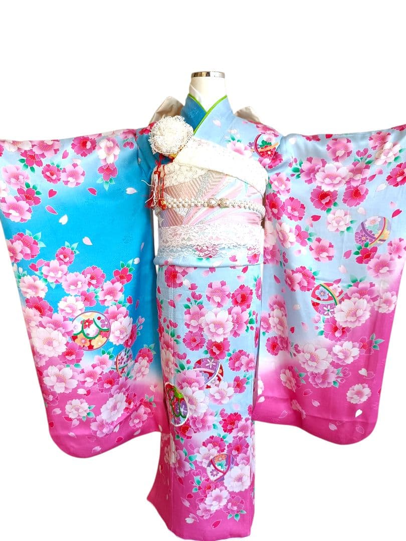 正絹☆ブルーピンクの着物にキラキラ作り帯セット