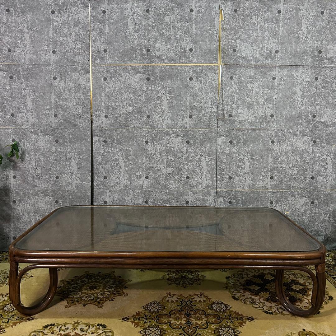 ꧁籐家具꧂ラタン座卓&座椅子2脚セット ガラス 食卓 机 椅子 いす イス