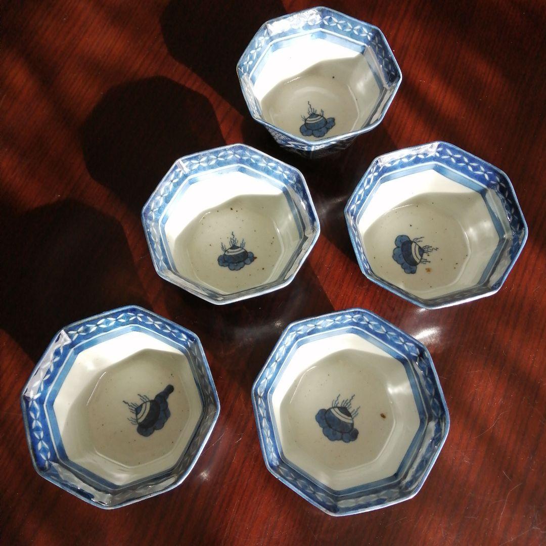 古伊万里　染付八角向付　5客　11cm　江戸後期